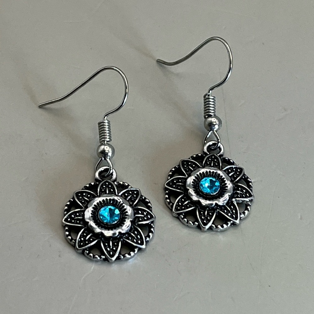 Silver Floral Earrings with Blue Accents